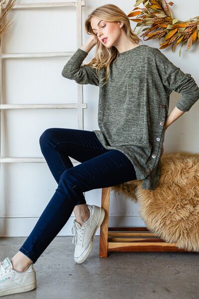 Reborn J Button Side Round Neck Long Sleeve T-Shirt - Ladyez