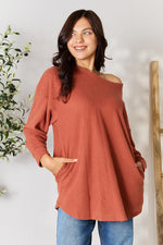 BOMBOM Drop Shoulder Long Sleeve Blouse with Pockets - Ladyez