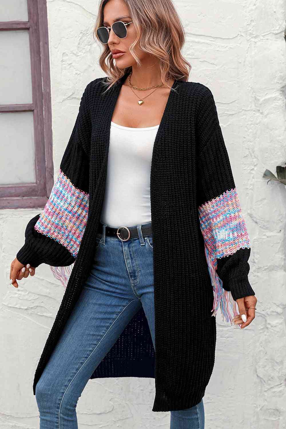 Fringe Sleeve Dropped Shoulder Cardigan - Ladyez