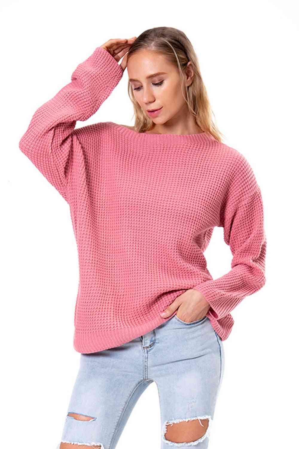 Boat Neck Drop Shoulder Long Sleeve Sweater - Ladyez