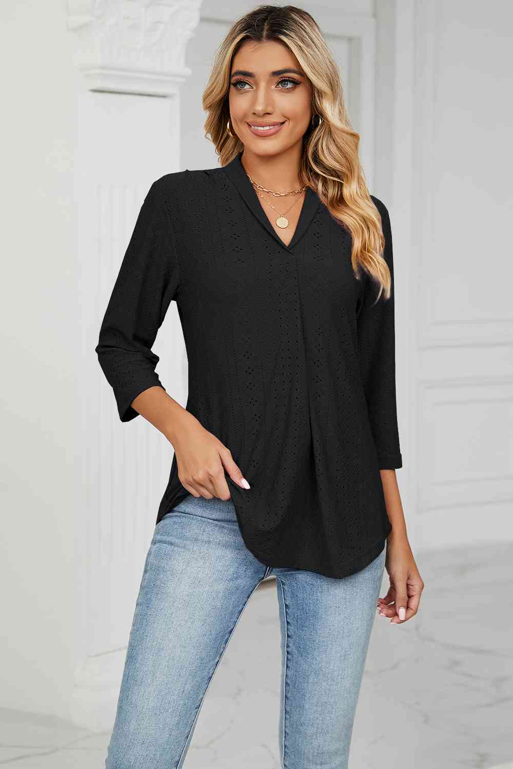 Eyelet Three-Quarter Sleeve Blouse - Ladyez