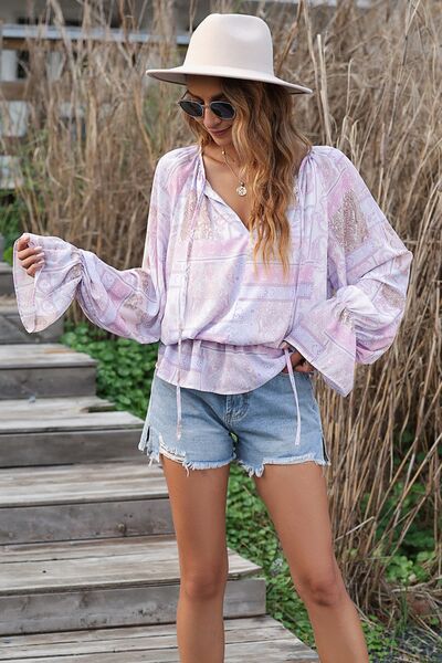 Printed Tie Neck Flounce Sleeve Blouse - Ladyez