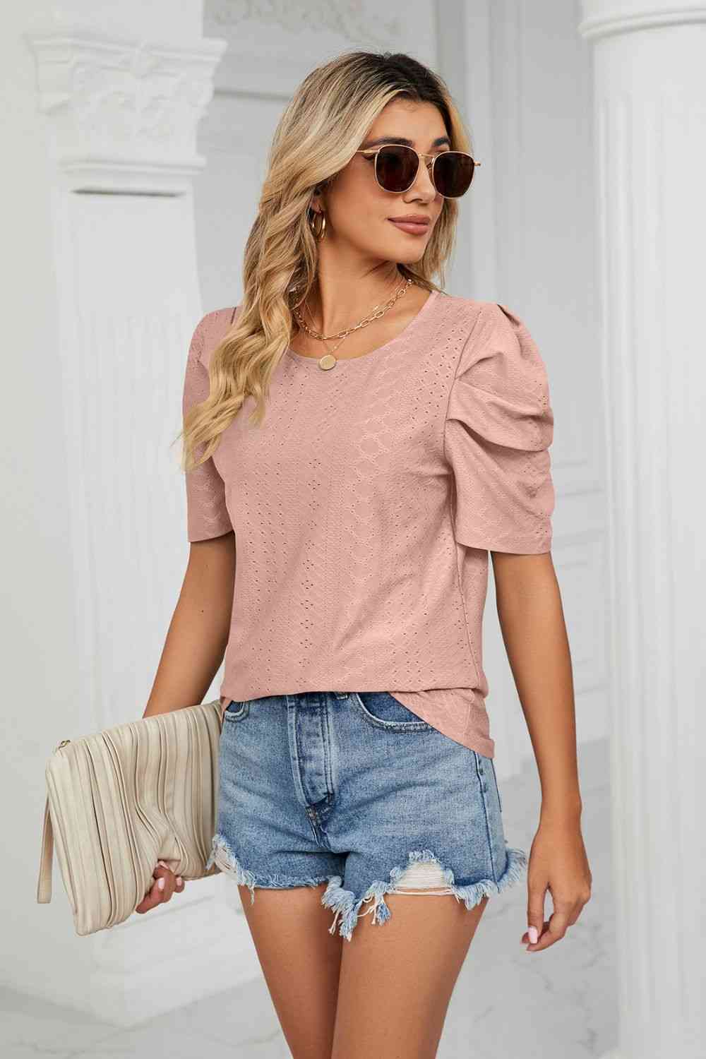 Eyelet Puff Sleeve Round Neck Blouse - Ladyez