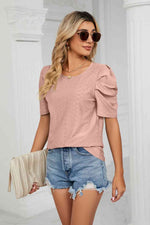 Eyelet Puff Sleeve Round Neck Blouse - Ladyez