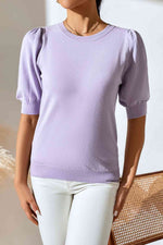 Round Neck Puff Sleeve Knit Top - Ladyez