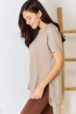 Zenana Baby Waffle Short Sleeve Slit High-Low T-Shirt - Ladyez