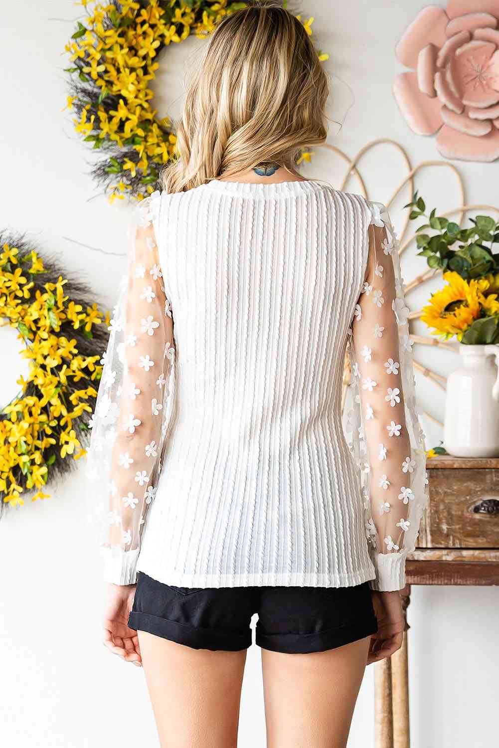 Double Take Textured Applique Long Sleeve Blouse - Ladyez