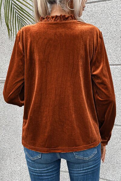Notched Frill Detail Long Sleeve Blouse - Ladyez