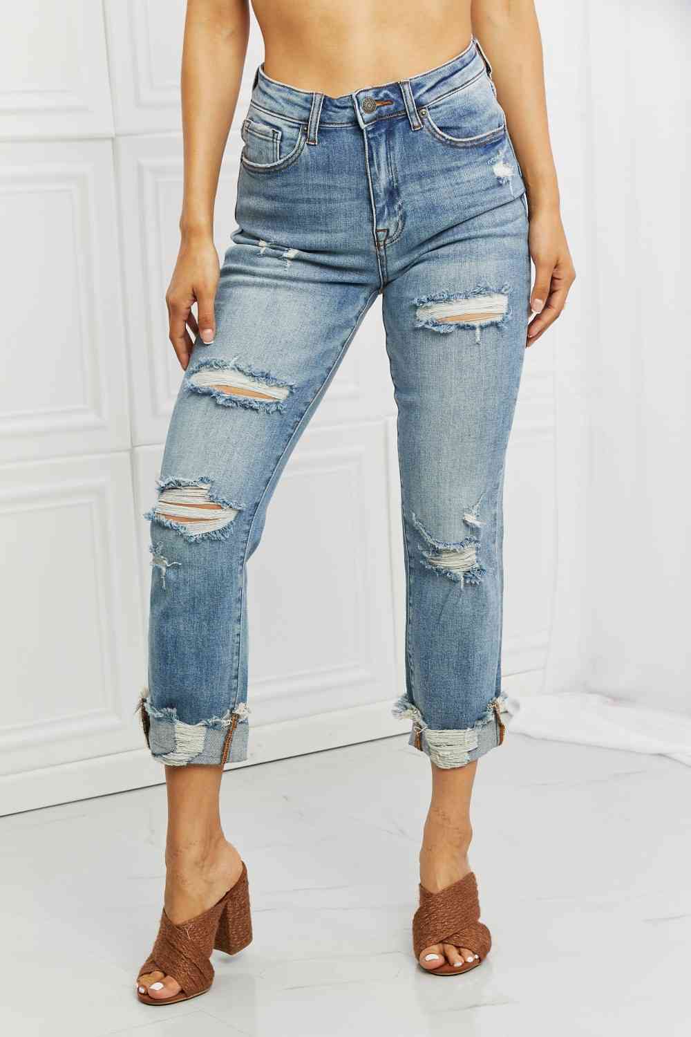 RISEN Full Size Leilani Distressed Straight Leg Jeans - Ladyez