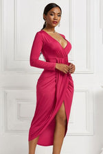 High-low Ruched Surplice Long Sleeve Dress - Ladyez