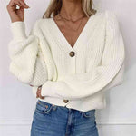 Button Up V-Neck Long Sleeve Cardigan - Ladyez