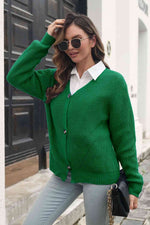 Button Down Ribbed Trim Cardigan - Ladyez