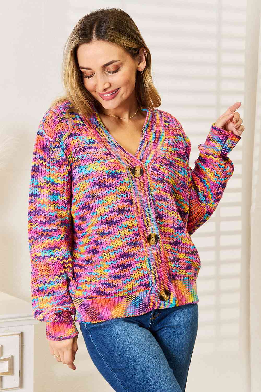 Woven Right V-Neck Long Sleeve Cardigan - Ladyez