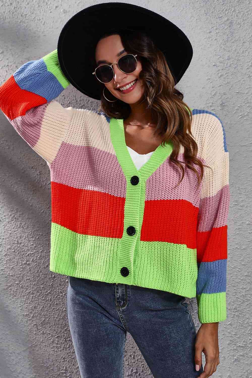 Color Block Button-Down Dropped Shoulder Cardigan - Ladyez