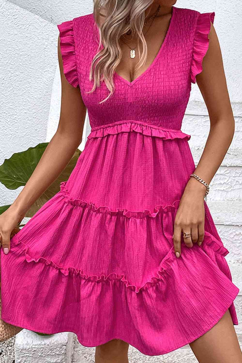 Smocked Frill Trim Deep V Dress - Ladyez