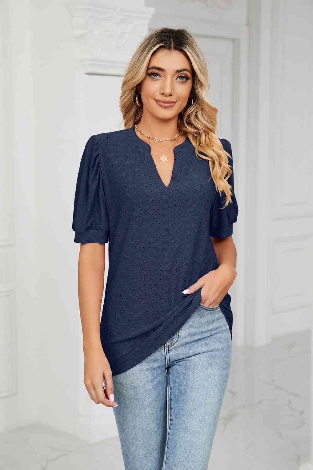 Eyelet Short Puff Sleeve Notched Neck Top - Ladyez