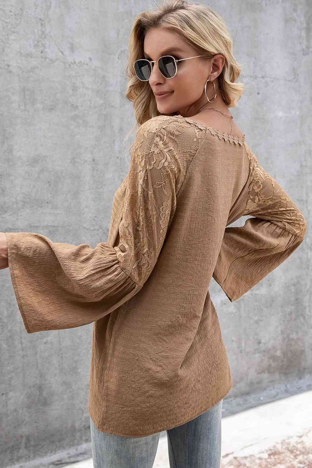 V-Neck Spliced Lace Flare Sleeve Top - Ladyez