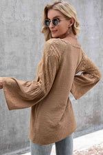 V-Neck Spliced Lace Flare Sleeve Top - Ladyez