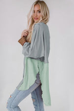 Contrast Texture Round Neck Long Sleeve Blouse - Ladyez