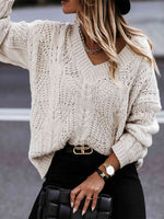 V-Neck Cable-Knit Long Sleeve Sweater - Ladyez
