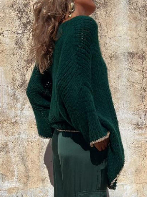 Contrast V-Neck Long Sleeve Sweater - Ladyez