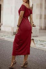 Off-Shoulder Short Sleeve Split Dress - Ladyez