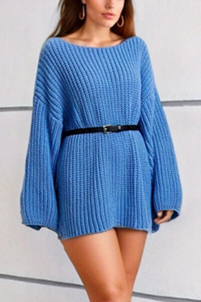 Boat Neck Dropped Shoulder Mini Sweater Dress - Ladyez