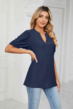 Eyelet Short Puff Sleeve Notched Neck Top - Ladyez