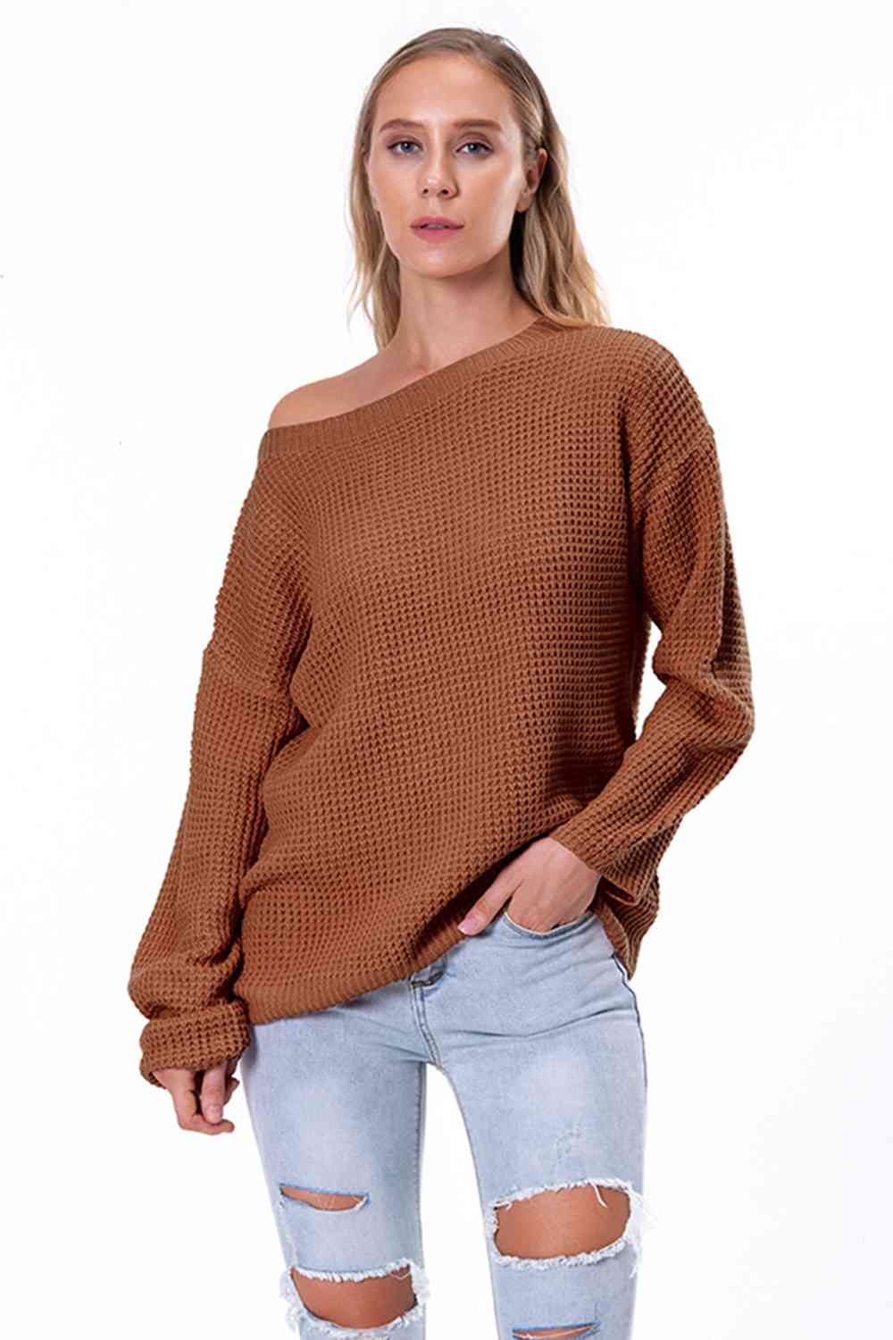 Boat Neck Drop Shoulder Long Sleeve Sweater - Ladyez