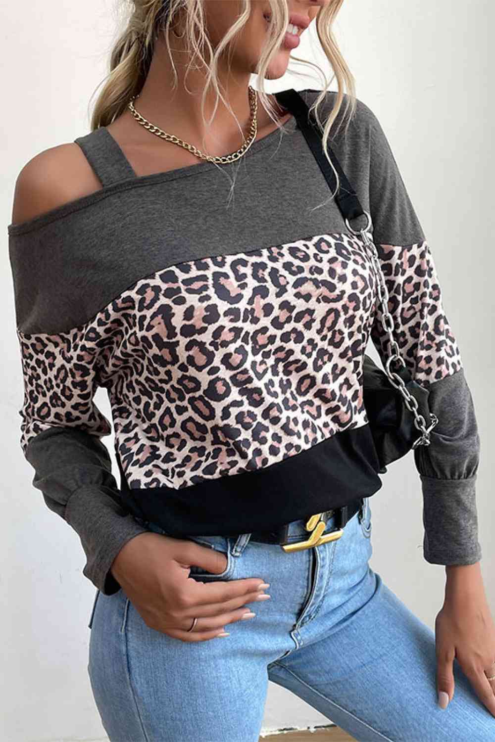 Leopard Print Color Block ColdShoulder Top