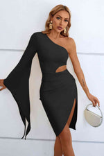Cutout Split Flare Sleeve One-Shoulder Dress - Ladyez