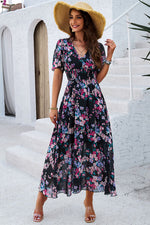 Smocked Floral V-Neck Short Sleeve Dress - Ladyez