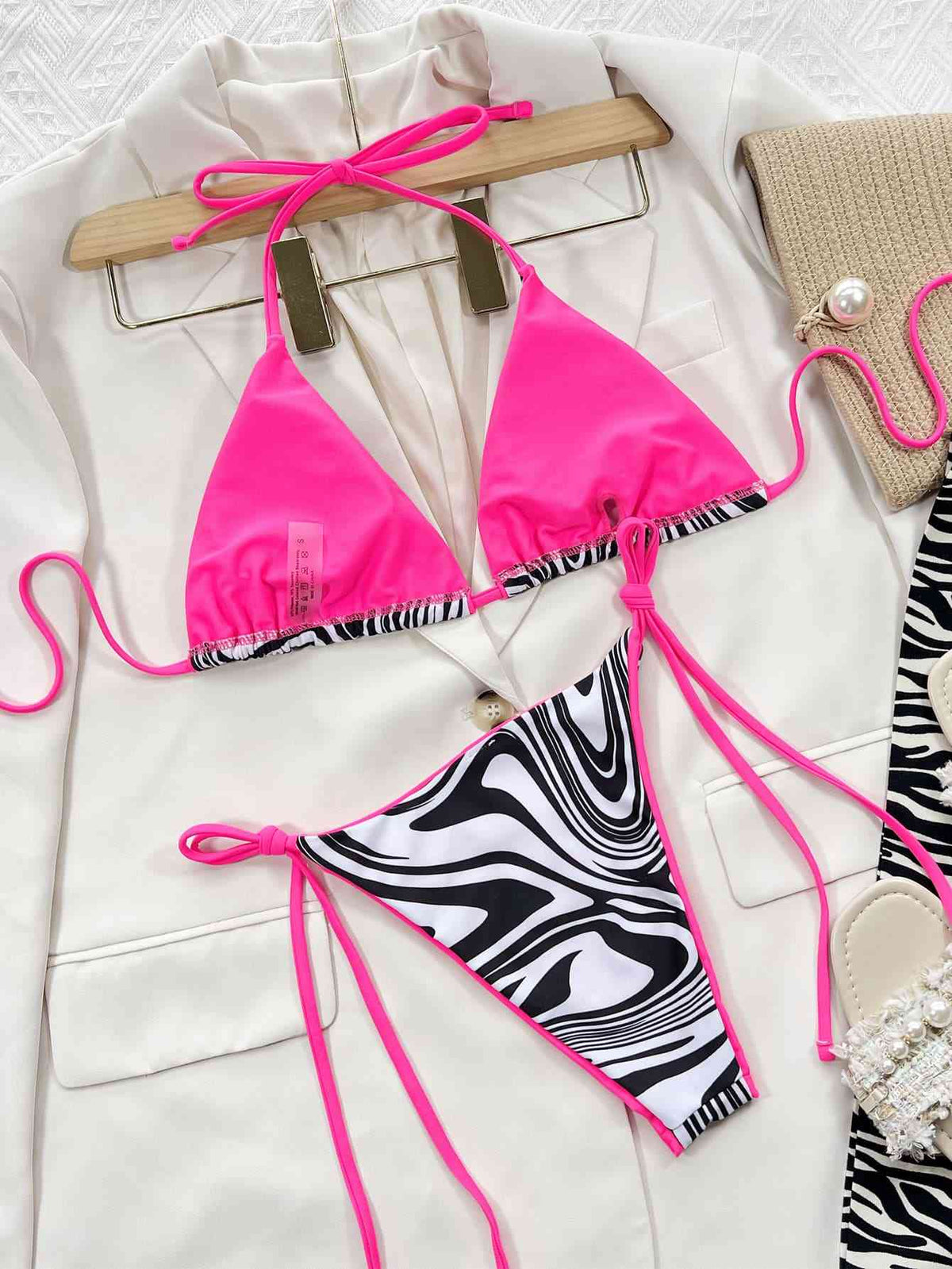 Zebra Print Halter Neck Tie Side Bikini Set - Ladyez
