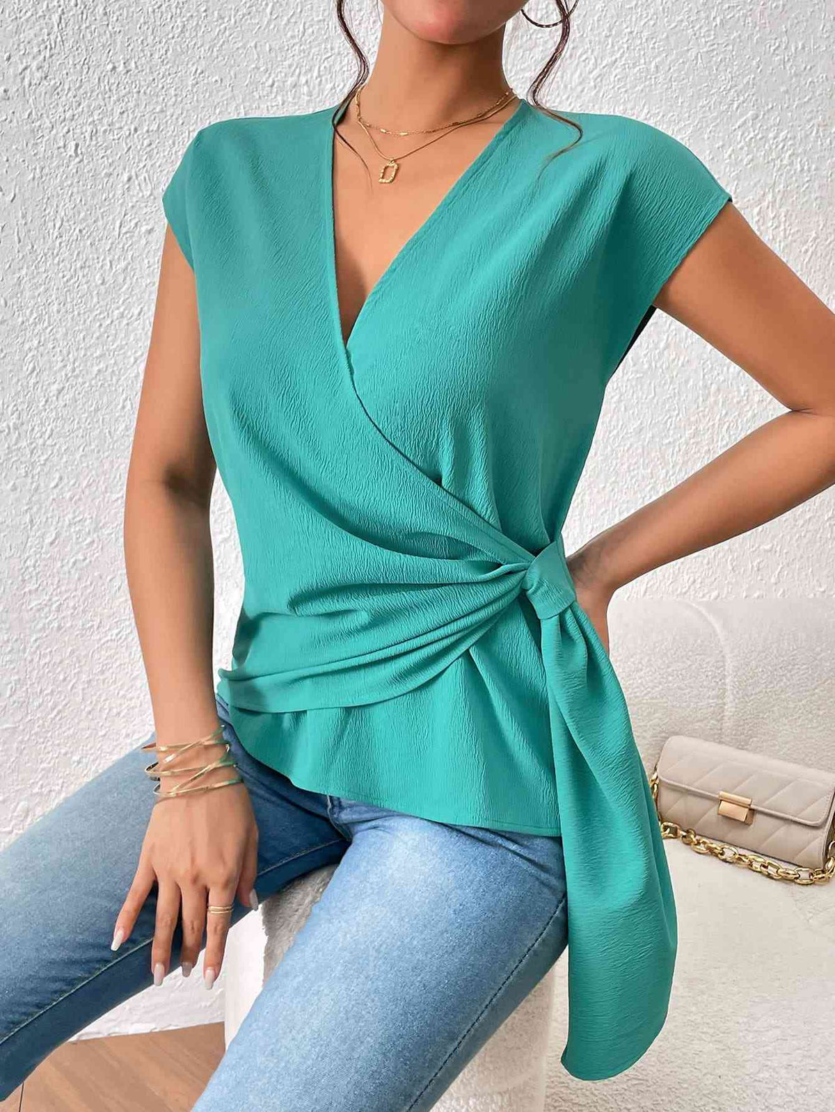 Tied Surplice Neck Short Sleeve Blouse - Ladyez