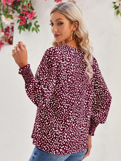 Printed V-Neck Lantern Sleeve Blouse - Ladyez