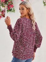 Printed V-Neck Lantern Sleeve Blouse - Ladyez