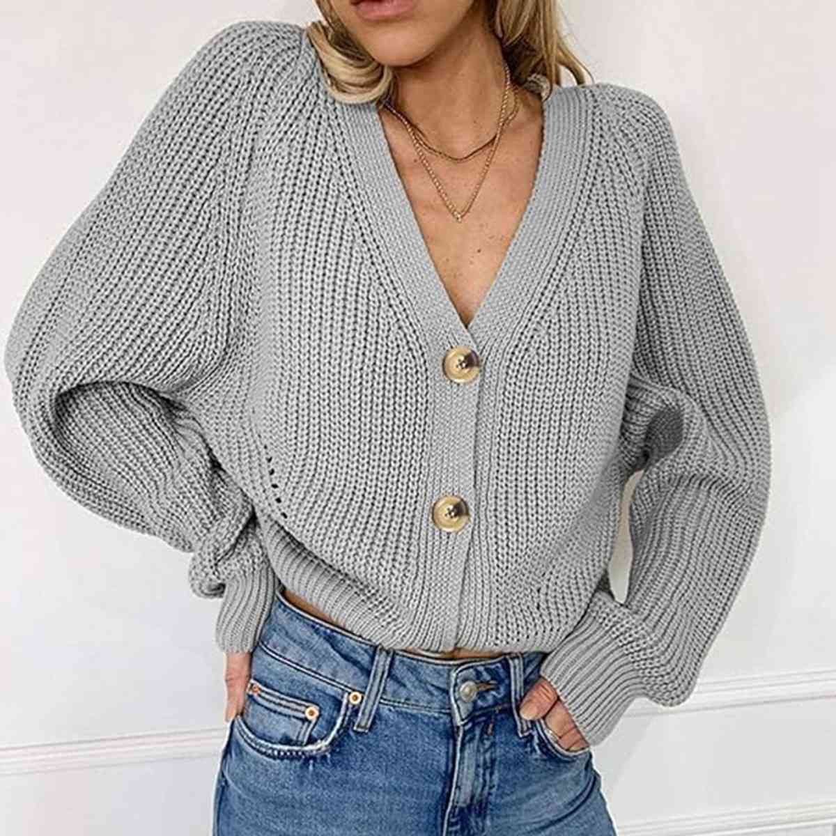Button Up V-Neck Long Sleeve Cardigan - Ladyez