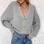 Button Up V-Neck Long Sleeve Cardigan - Ladyez