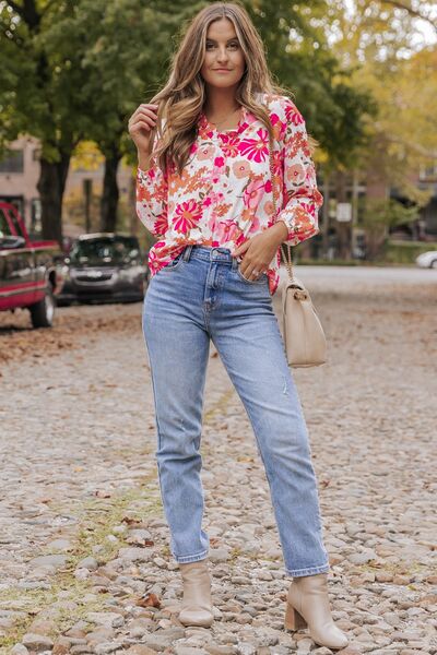 Floral V-Neck Frill Long Sleeve Blouse - Ladyez