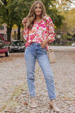 Floral V-Neck Frill Long Sleeve Blouse - Ladyez