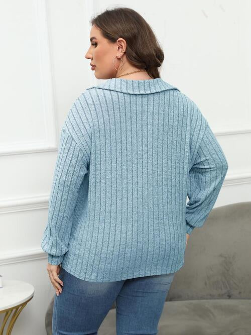 Plus Size Ribbed Collared Neck Long Sleeve Blouse - Ladyez