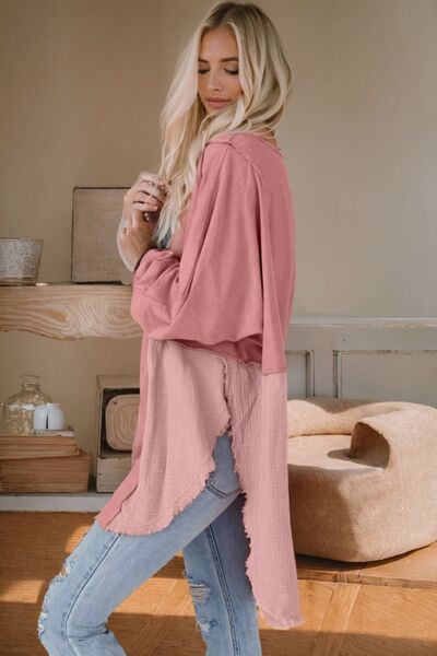 Contrast Texture Round Neck Long Sleeve Blouse - Ladyez