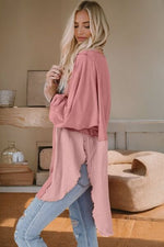 Contrast Texture Round Neck Long Sleeve Blouse - Ladyez