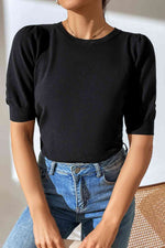 Round Neck Puff Sleeve Knit Top - Ladyez