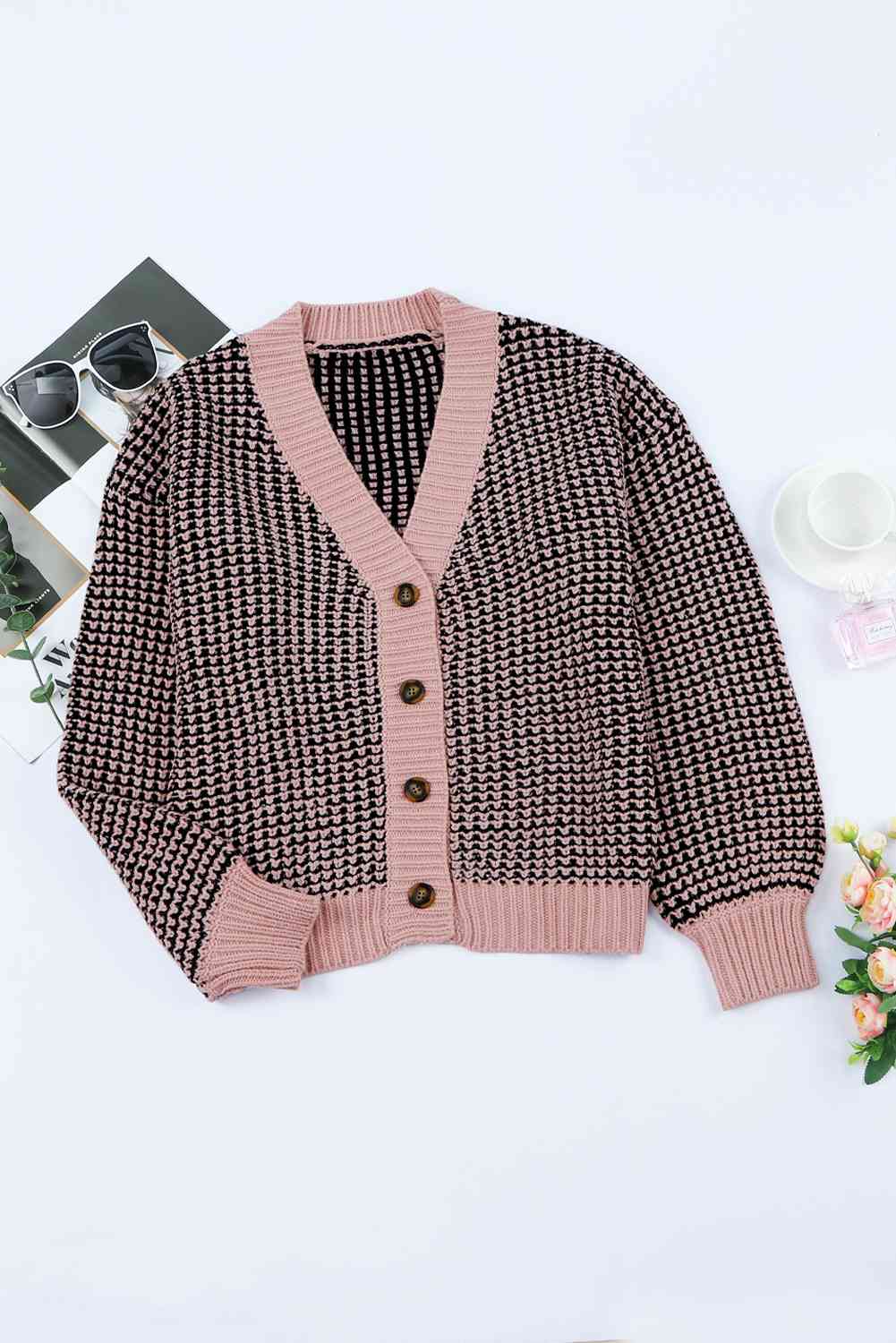 Woven Right Waffle-Knit Drop Shoulder Button-Down Cardigan - Ladyez