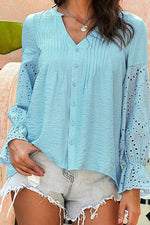 Crochet Flounce Sleeve Button Up Blouse - Ladyez