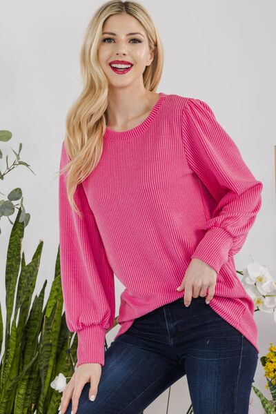 Celeste Full Size Striped Round Neck Lantern Sleeve Top - Ladyez