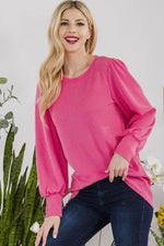 Celeste Full Size Striped Round Neck Lantern Sleeve Top - Ladyez