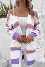 Striped Dropped Shoulder Cardigan - Ladyez