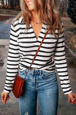 Double Take Striped Johnny Collar Long Sleeve Knit Top - Ladyez